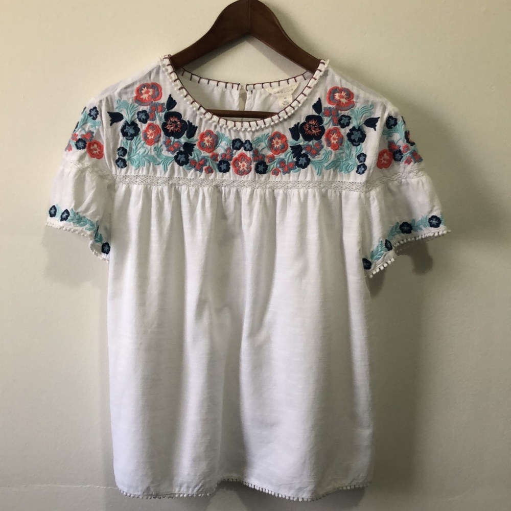 Caslon Nordstrom White Boho Floral Embroidered Yoke Top - Size XS
